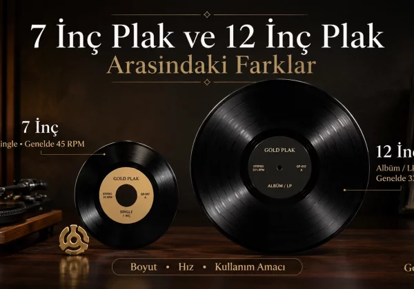 7 inç plak ve 12 inç plak boyut farkını gösteren pikap üzerinde karşılaştırmalı plak görseli