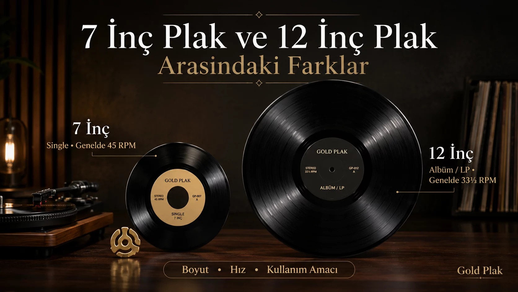 7 inç plak ve 12 inç plak boyut farkını gösteren pikap üzerinde karşılaştırmalı plak görseli